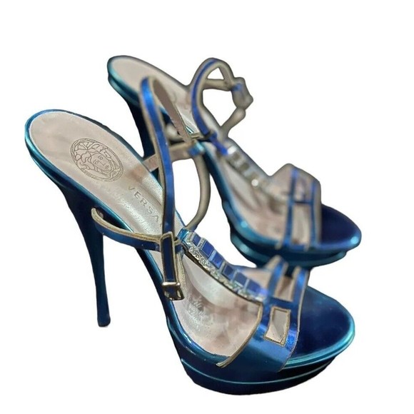 Versace IT 38 Metallic Teal Blue T-Strap Jeweled Platform Heels VTG